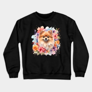 A pomeranian decorated with beautiful watercolor flowers Crewneck Sweatshirt